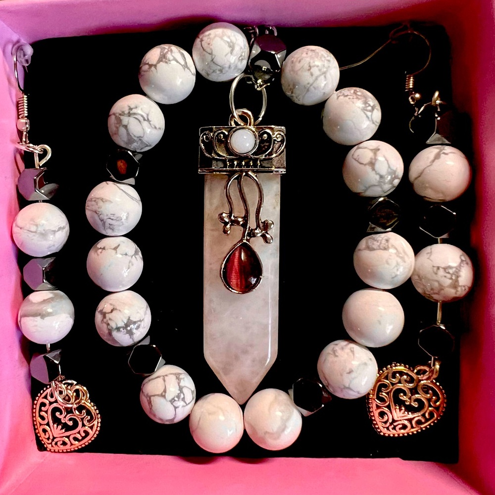 Howlite, hematite, and milky quartz necklace set